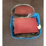 A box plus a basket containing silver plate, glass,
