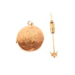 A 9ct gold circular photo locket with initials engraved plus a 9ct gold Masonic stick pin