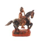 A Chinese carved wood and painted horse and rider,