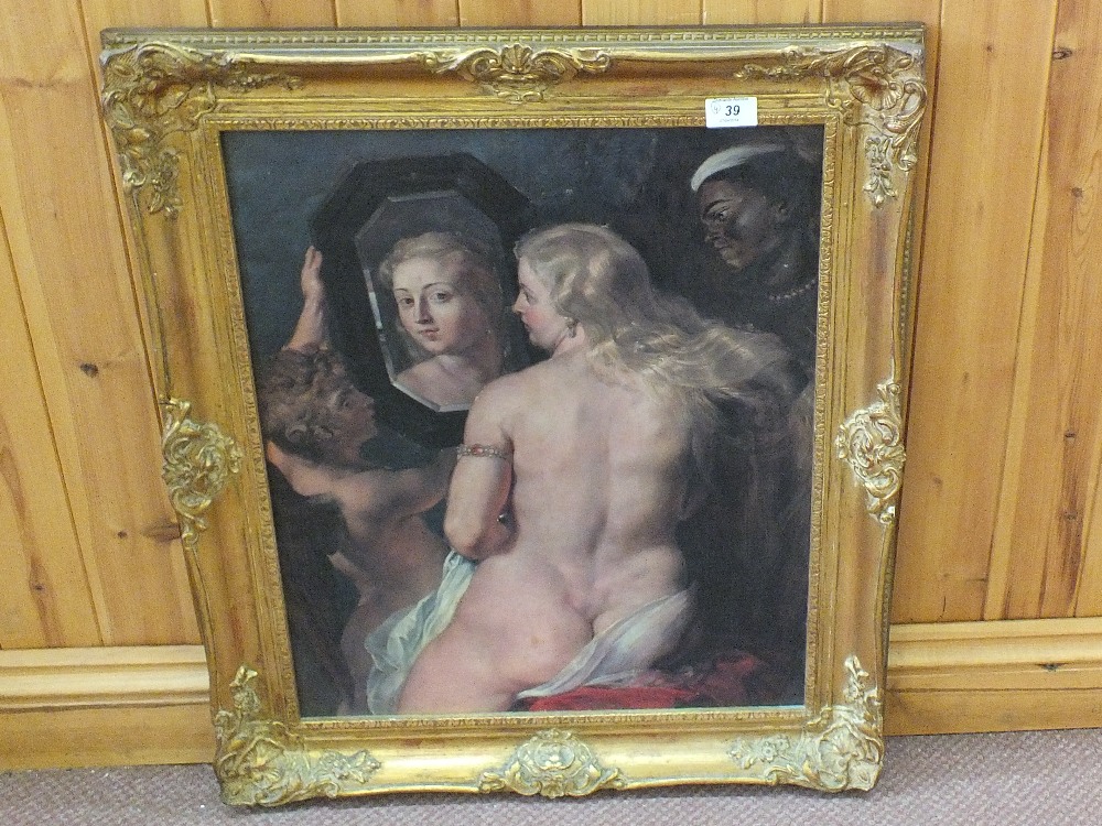 Three sepia prints of classical scenes plus an oleograph of Rubens Toilette de Venus