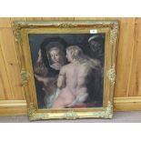 Three sepia prints of classical scenes plus an oleograph of Rubens Toilette de Venus