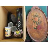 Two carved wooden trays and sundries plus Harmsworth magazines (two boxes)