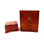 A miniature mahogany five drawer chest plus a Burmese lacquer box