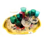 Various coloured stem wine glasses plus other glass