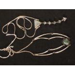 A white metal necklace set with single stone to centre (possibly labradorite),