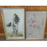 A Chinese horse picture plus a bird and floral silk
