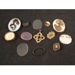 Three unmarked yellow metal brooches (as found) plus a selection of (as found) morning brooches