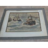 Unsigned watercolour, c1996 watercolour of trawler Richard Lee Barlow off Gorleston pier,