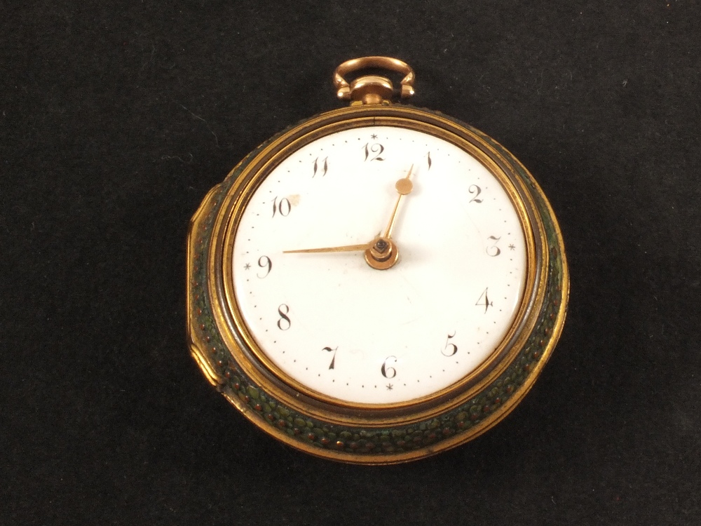 A gold pocket watch with gilt metal pair case with shagreen covering (as found), London 1775,