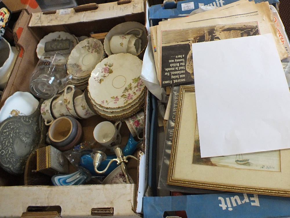 Two boxes of china, glass and sundries plus a box of old newspapers, prints,