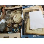 Two boxes of china, glass and sundries plus a box of old newspapers, prints,