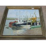 A signed watercolour of a beached vessel with broken masts plus an oil on board of a Lowestoft