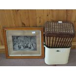 A picnic basket, enamel flour bin,