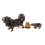 A spelter hippo pin cushion plus a dog and Indian brass elephant