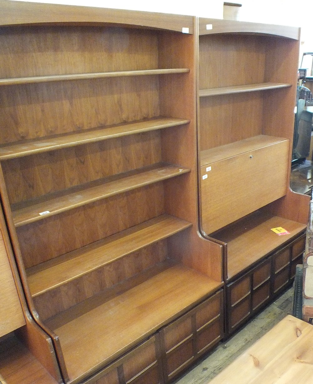 A 1970's styel Nathan teak bookcase with cupboards below and a Nathan teak shelf back drinks