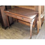 A profusely inlaid Victorian writing table with two drawers on tapered legs