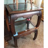 A pair of Oriental style hardwood side tables with glass top