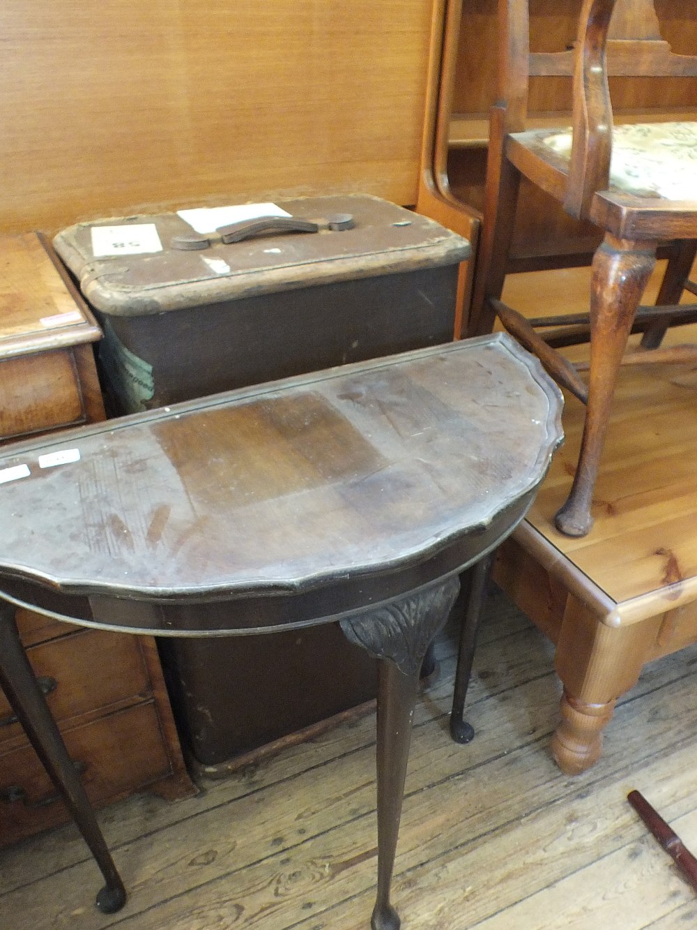 An oak elbow chair, a vintage travelling trunk, a demi-lune side table, - Image 2 of 3