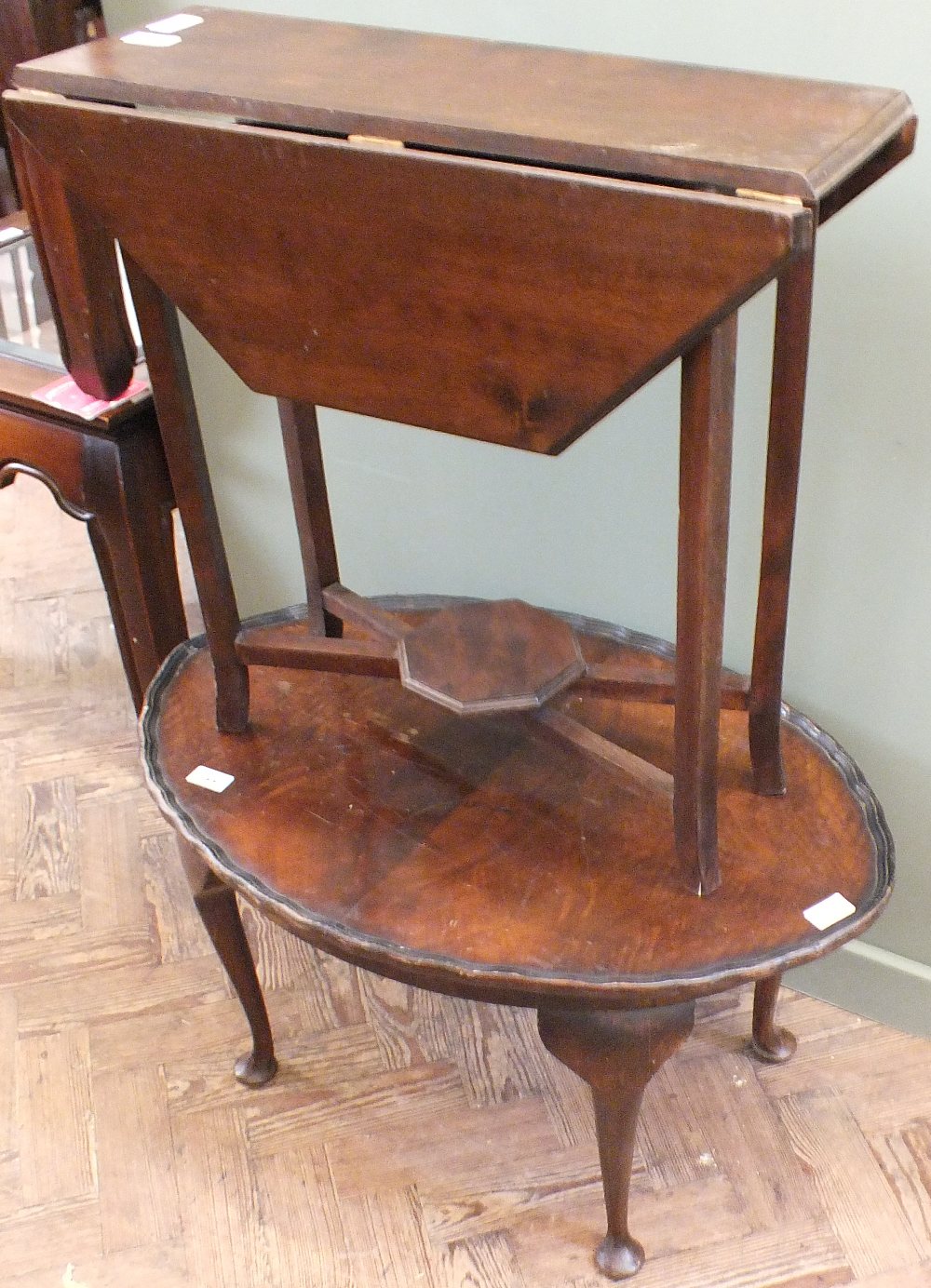 A small mahogany flap leaf occasional table and one other occasional table