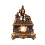 A Victorian black marble mantel clock with top mount of fisherman and woman with fish and gilt