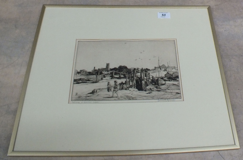 Leonard Russell Squirrell etching of a footbridge at Blakeney, Norfolk,