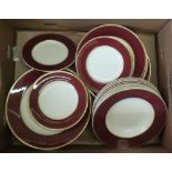 Three part dinner services, Crown Ducal maroon border,