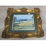 A watercolour of a hilly landscape signed Short in ornate gilt frame,