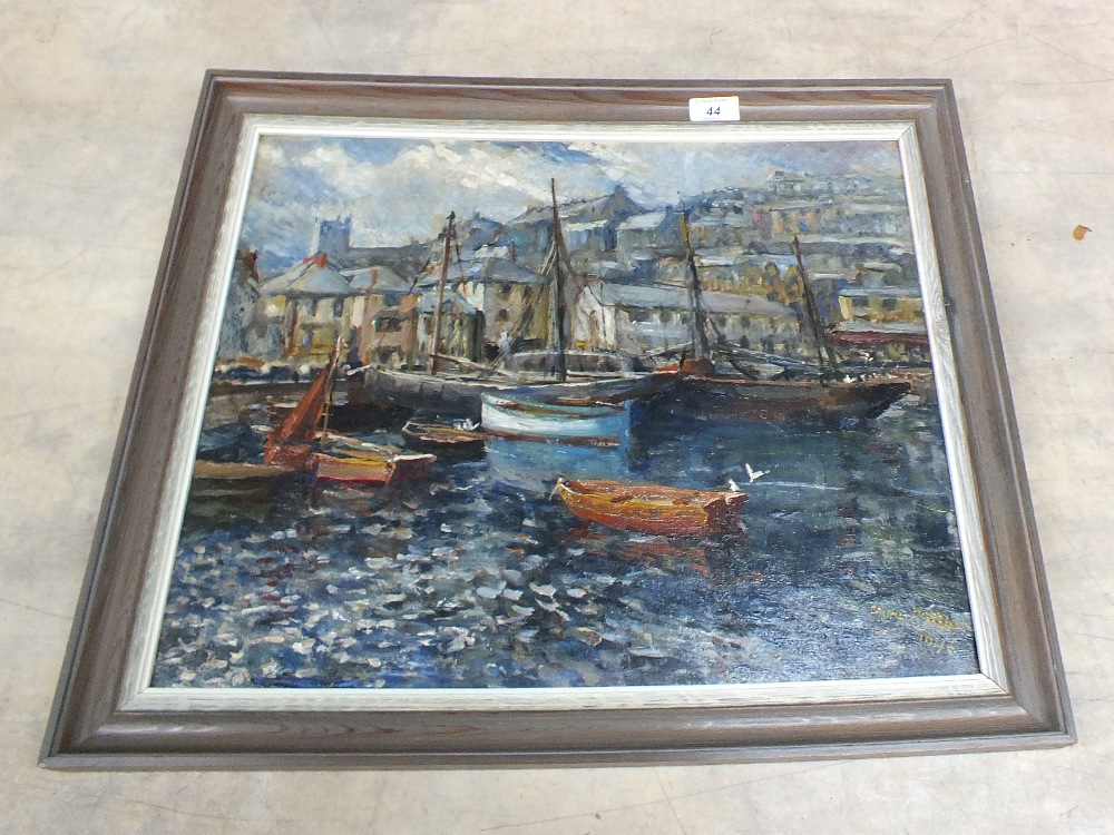 An oil on board of Brixham harbour by Dora Meeson, Artists of Chelsea label verso,