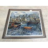 An oil on board of Brixham harbour by Dora Meeson, Artists of Chelsea label verso,