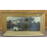 Signed Victorian oil on canvas of a river scene with suspension bridge,