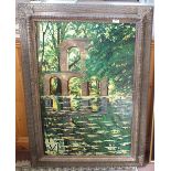 A painting of a river and ruined arches in a woodland setting,