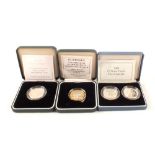 Three cased silver proof sets, 1995 Second World War £2 coin,