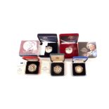 Five cased silver proof crowns including 2000 Millennium, Queen Mother 90th Birthday,