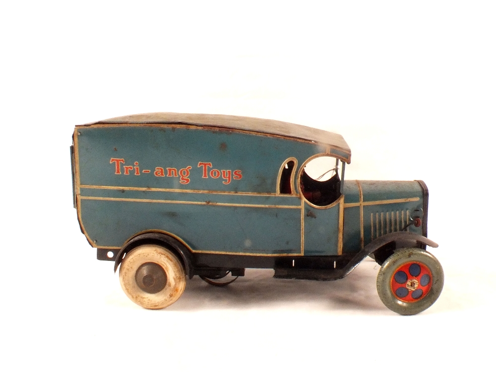 A c1930's Triang clockwork 'Triang Toys' tin plate delivery van (replacement front wheels)