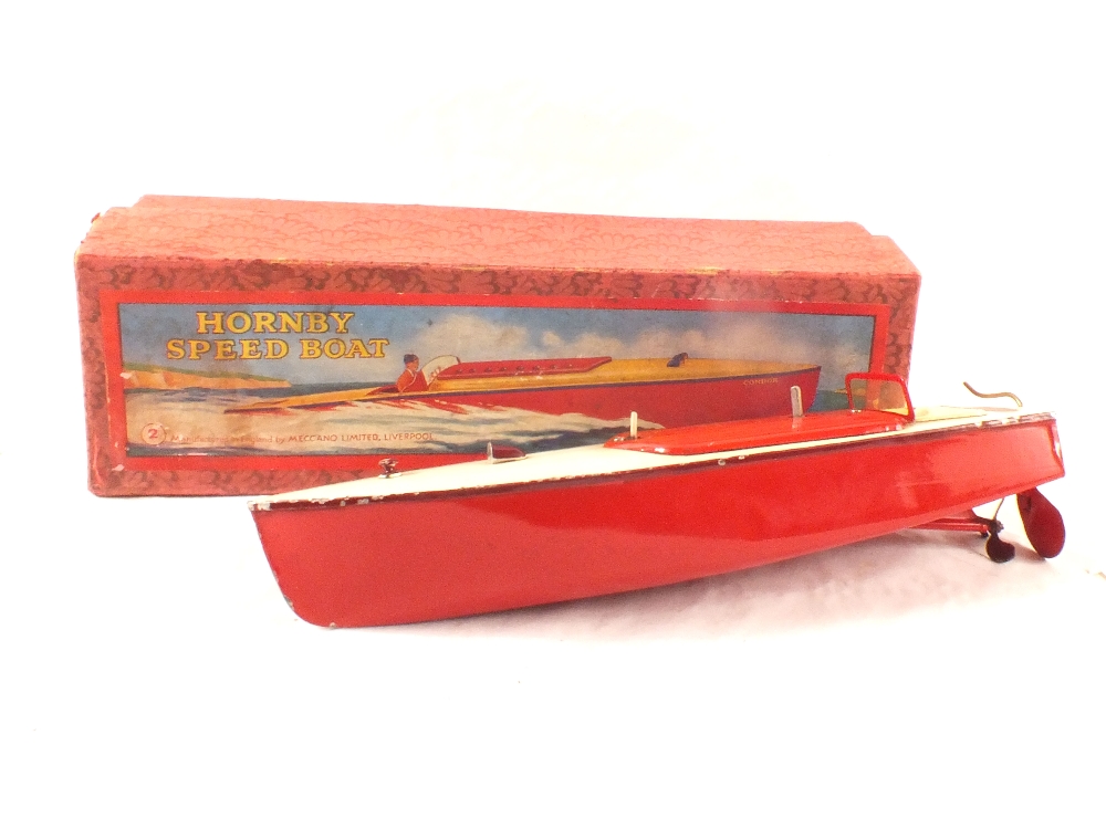 Boxed Hornby tin plate speed boat in red and cream, No.
