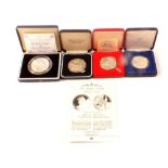 Four cased silver coins to include Falkland Islands 1992 50p, Royal Wedding 23rd July 1996 medal,
