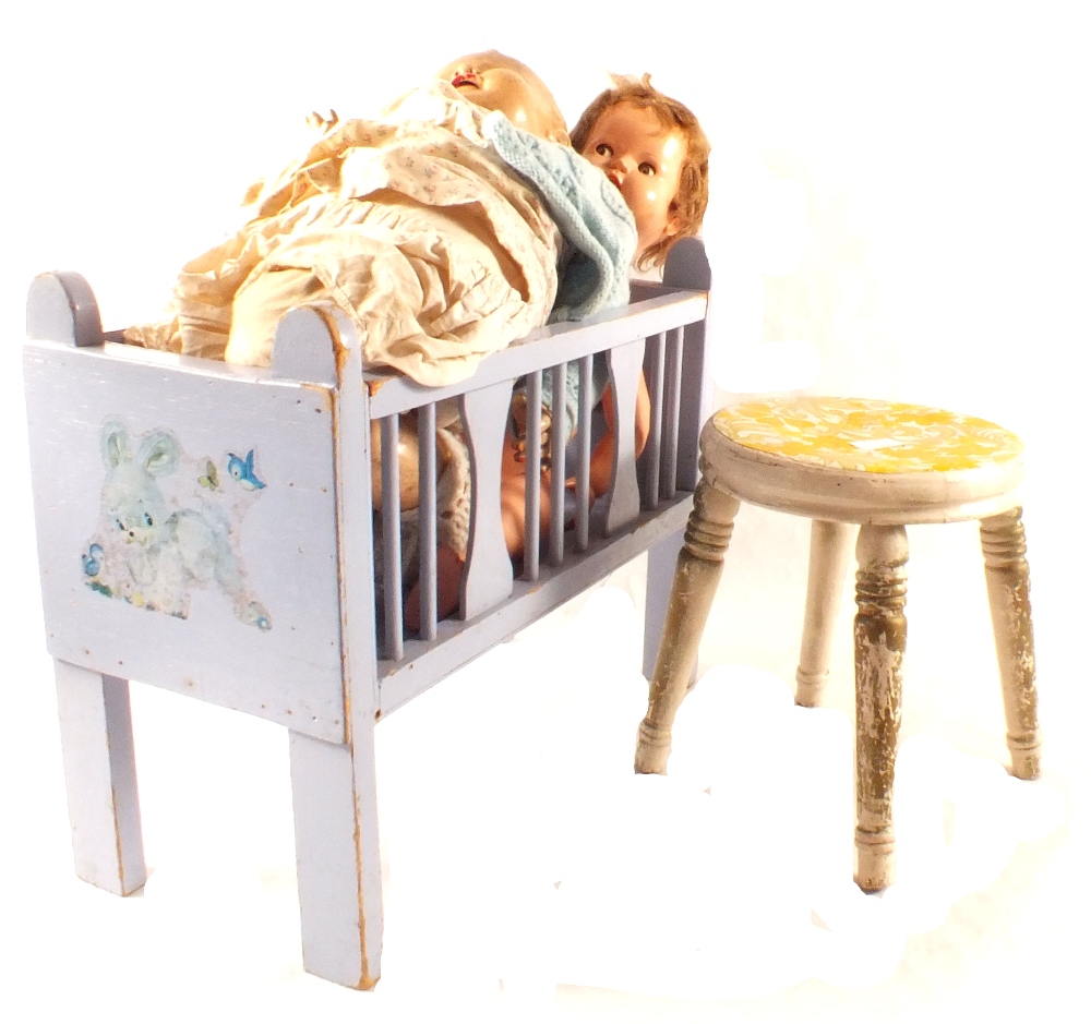 A childs swan rocker, stool, wooden train,