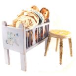 A childs swan rocker, stool, wooden train,