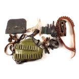 A mixed lot including cartridge bags, cartridge belts etc with leather sling, game carrier,