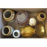 A box of various stoneware jars etc