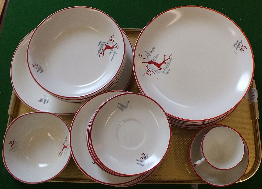 A Crown Devon red stag pattern part dinner and tea set plus a Susie Cooper coffee pot (two trays)