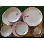 A Crown Devon red stag pattern part dinner and tea set plus a Susie Cooper coffee pot (two trays)