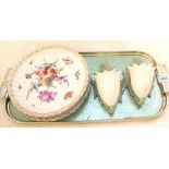 Three Dresden floral plates plus a pair of porcelain wall pockets