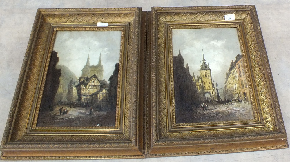 A pair of 19th Century oil on canvas street scenes, signed H.