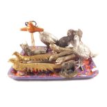 Bird and animal ornaments including three pairs of brass and silver plated pheasants,