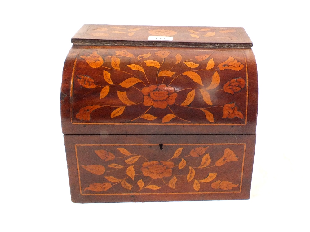 A 19th Century mahogany and floral marquetry domed front rising top decanter box with six matching