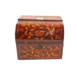 A 19th Century mahogany and floral marquetry domed front rising top decanter box with six matching