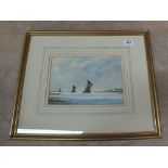 Michael Leedham watercolour of sailing barges in the Thames estuary,