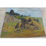 An unframed oil on canvas in the manner of John Nash, landscape with wheat sheaves,