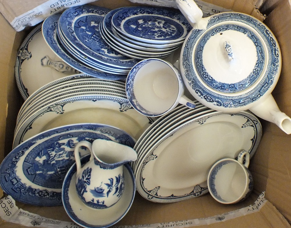 A Burleigh ware blue and white part dinner set plus other blue and white china (two boxes)